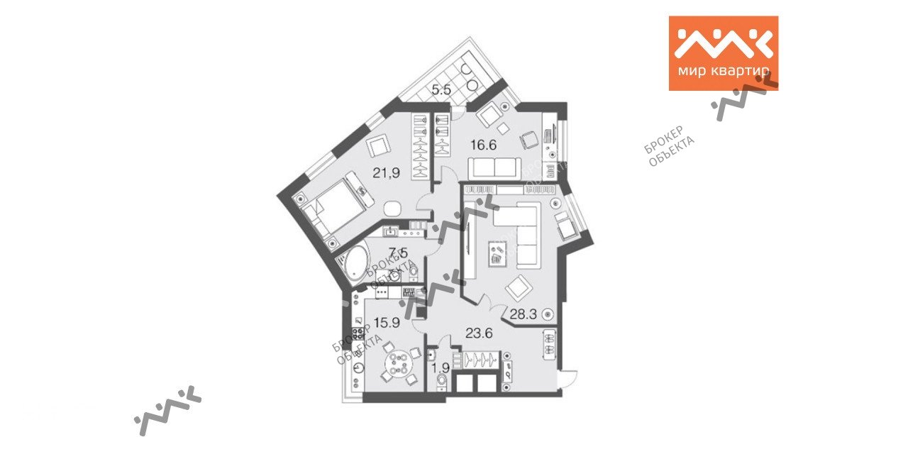 3 комн. кв. 115.7 m2 6/9 этаж Большая Посадская ул., д.12 Купить по цене  24025172 ₽